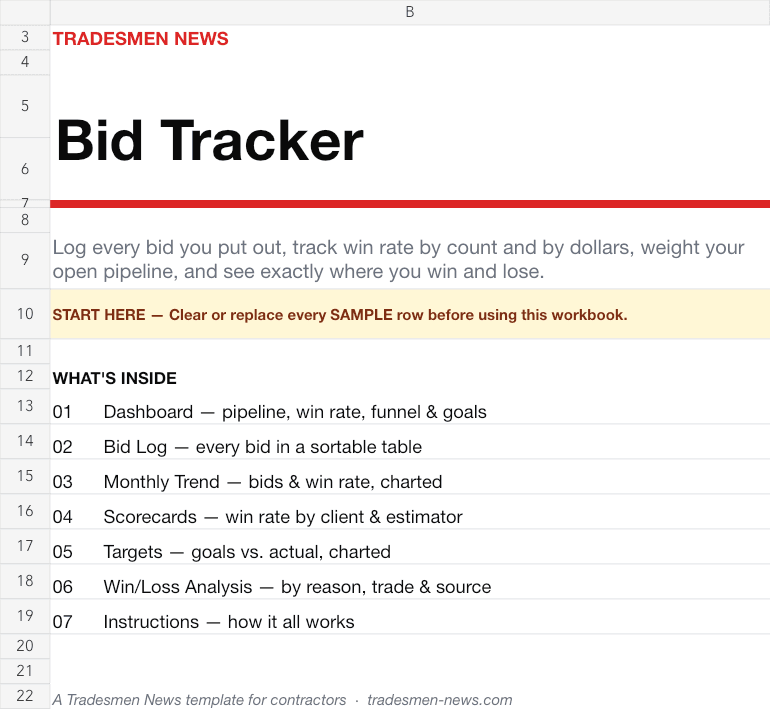 Bid Tracker workbook cover sheet