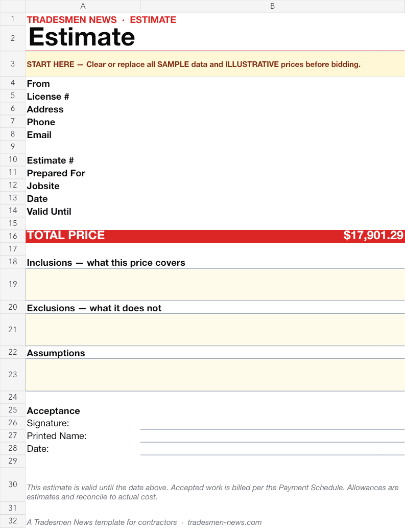 Contractor Estimate Workbook cover sheet