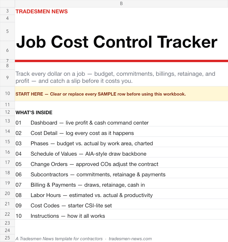 Job Cost Tracker workbook cover sheet
